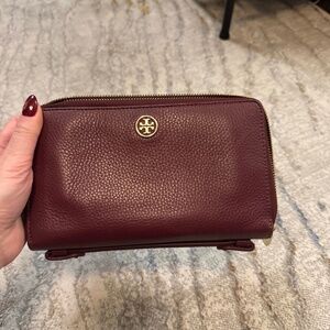 Tory Burch leather travel wallet in burgundy